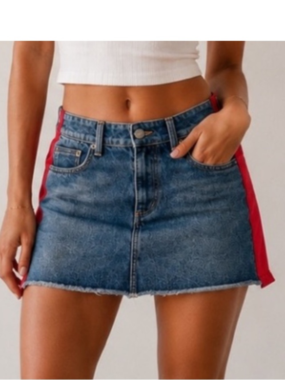 Carmar Los Angeles Denim Mini Skirt with Red Side Stripe - Size 25